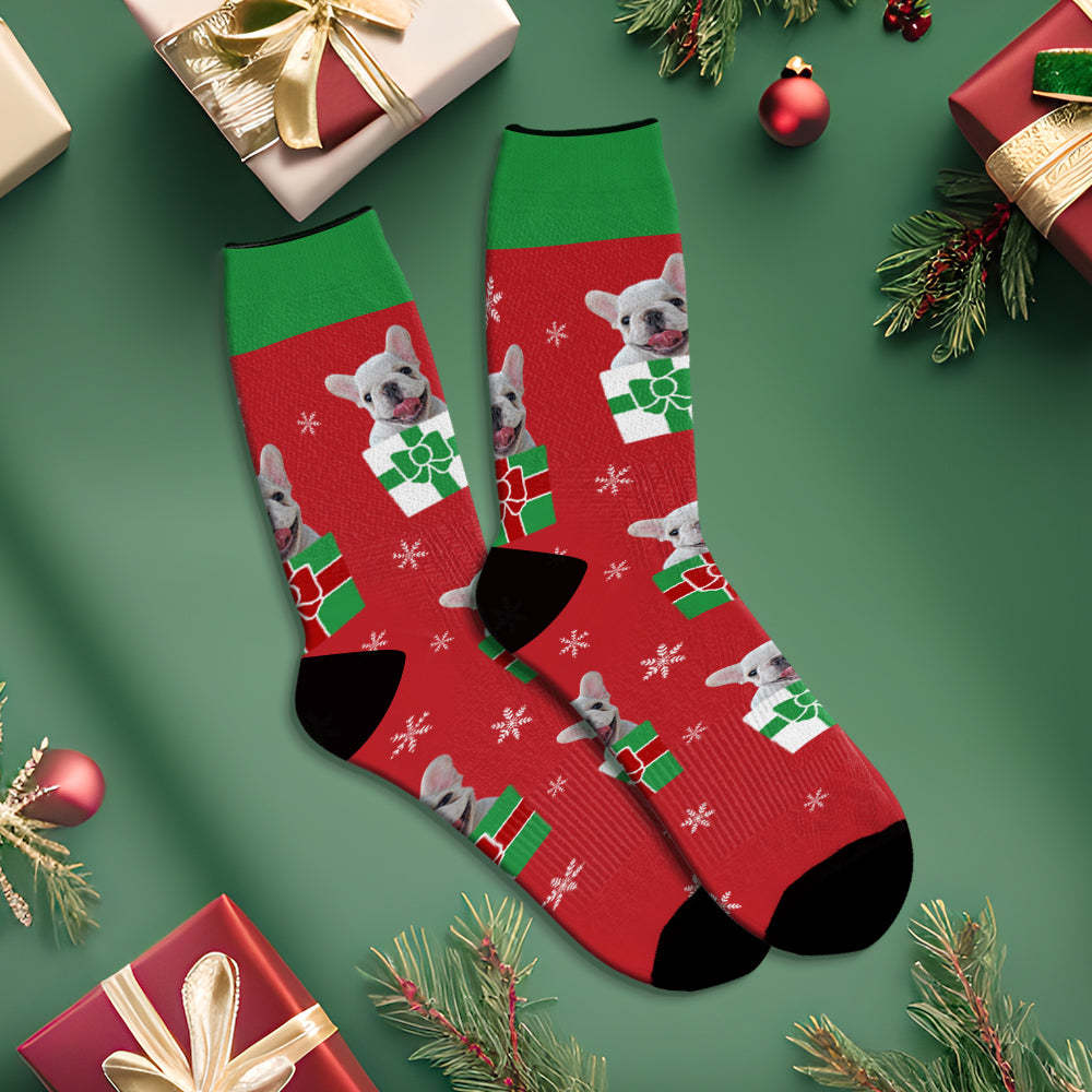 Benutzerdefinierte Weihnachtliche Rote Atmungsaktive Gesichtssocken, Personalisierte Hundefotos, Weiche Socken, Geschenke Für Haustierliebhaber - GesichtSocken