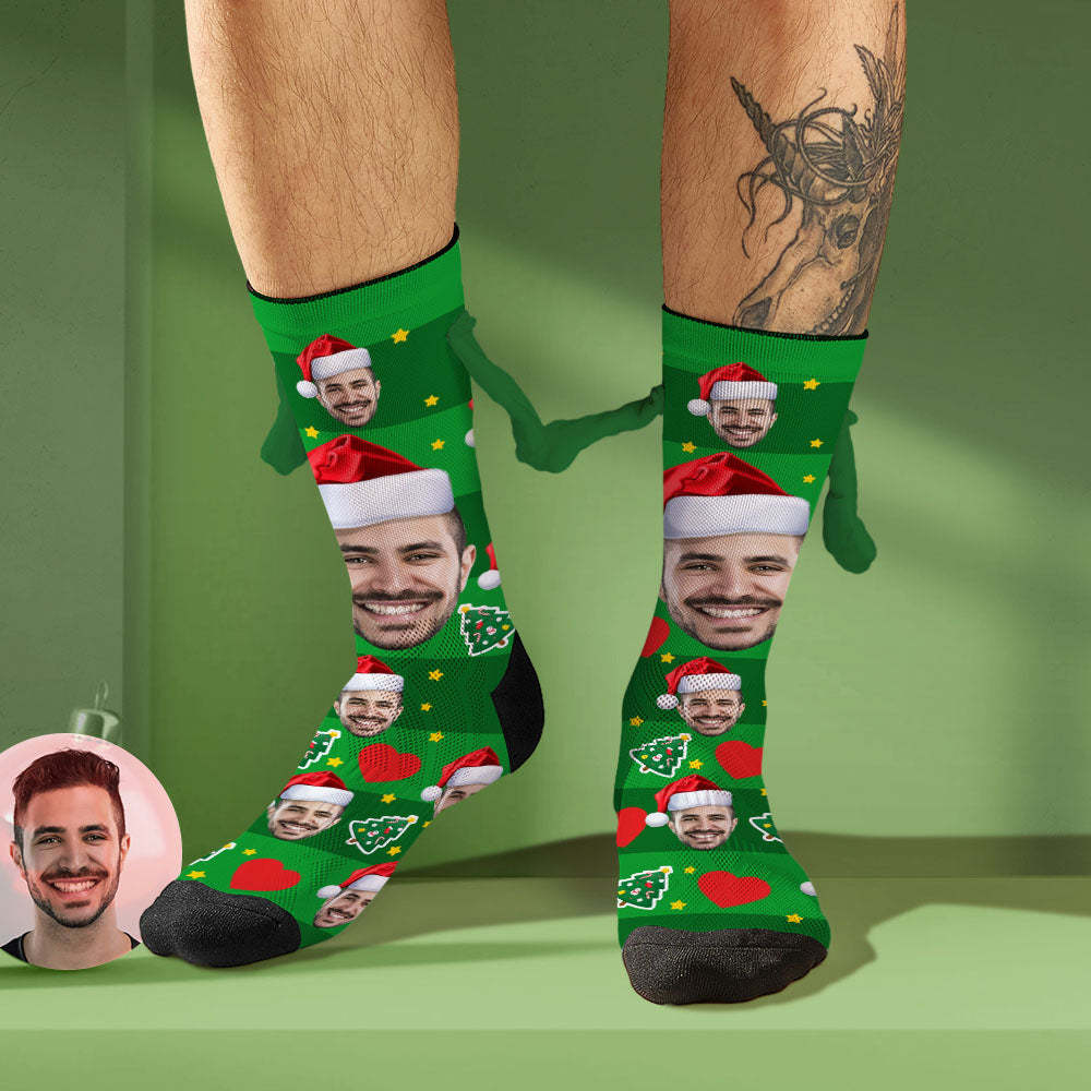 Benutzerdefinierte Gesichtssocken Mit Weihnachtsmütze, Lustige Puppe, Mittlere Röhrensocken, Magnetisch Haltende Hände, Socken, Weihnachtsgeschenke - GesichtSocken