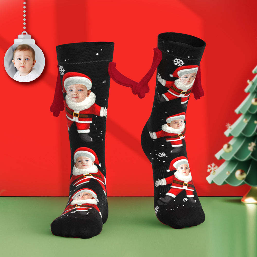Benutzerdefinierte Gesichtssocken, Lustige Puppen-mid-tube-socken, Magnetische Hände Haltende Socken, Süßer Weihnachtsmann - GesichtSocken