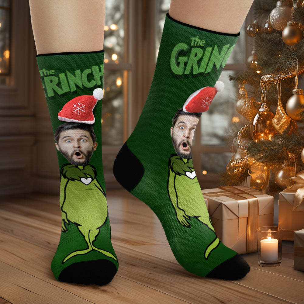 Benutzerdefinierte Gesichtssocken, Personalisierte 3d-weihnachtsmannmützensocken Der Grinch - GesichtSocken