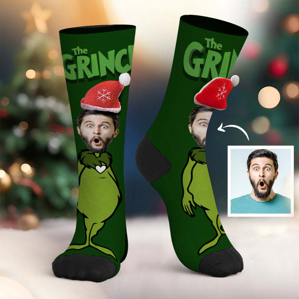 Benutzerdefinierte Gesichtssocken, Personalisierte 3d-weihnachtsmannmützensocken Der Grinch - GesichtSocken