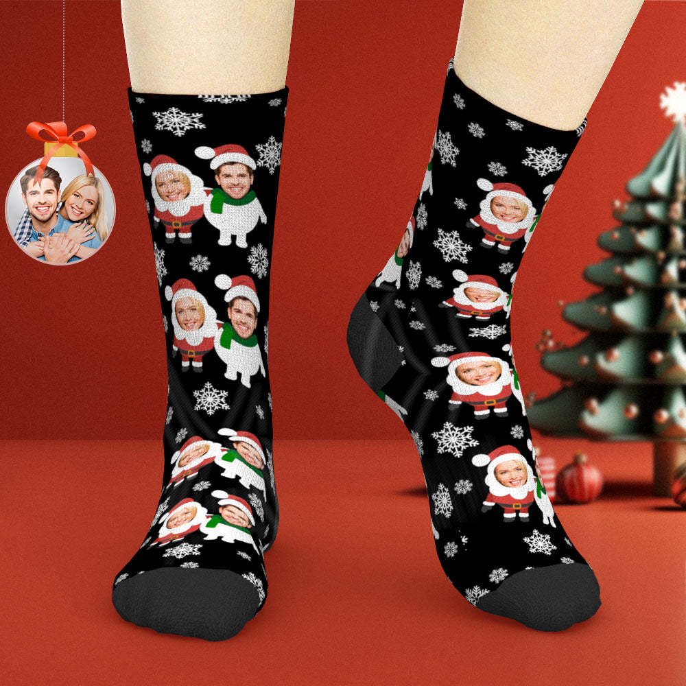 Benutzerdefinierte Gesichtssocken, Personalisierte Weihnachtsshorts Mit Foto Von Weihnachtsmann Und Schneemann - GesichtSocken