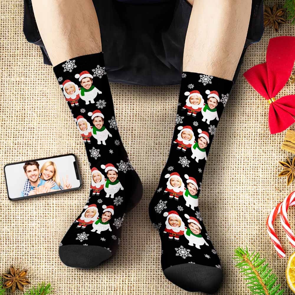 Benutzerdefinierte Gesichtssocken, Personalisierte Weihnachtsshorts Mit Foto Von Weihnachtsmann Und Schneemann - GesichtSocken