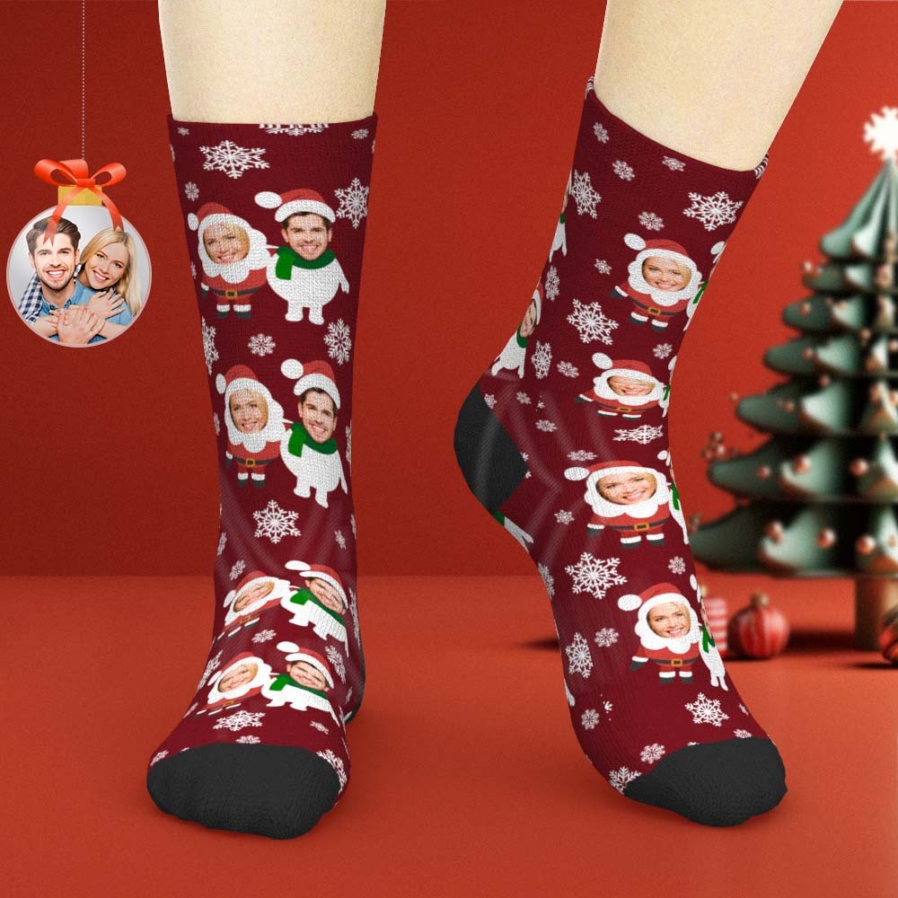 Benutzerdefinierte Gesichtssocken, Personalisierte Weihnachtsshorts Mit Foto Von Weihnachtsmann Und Schneemann - GesichtSocken