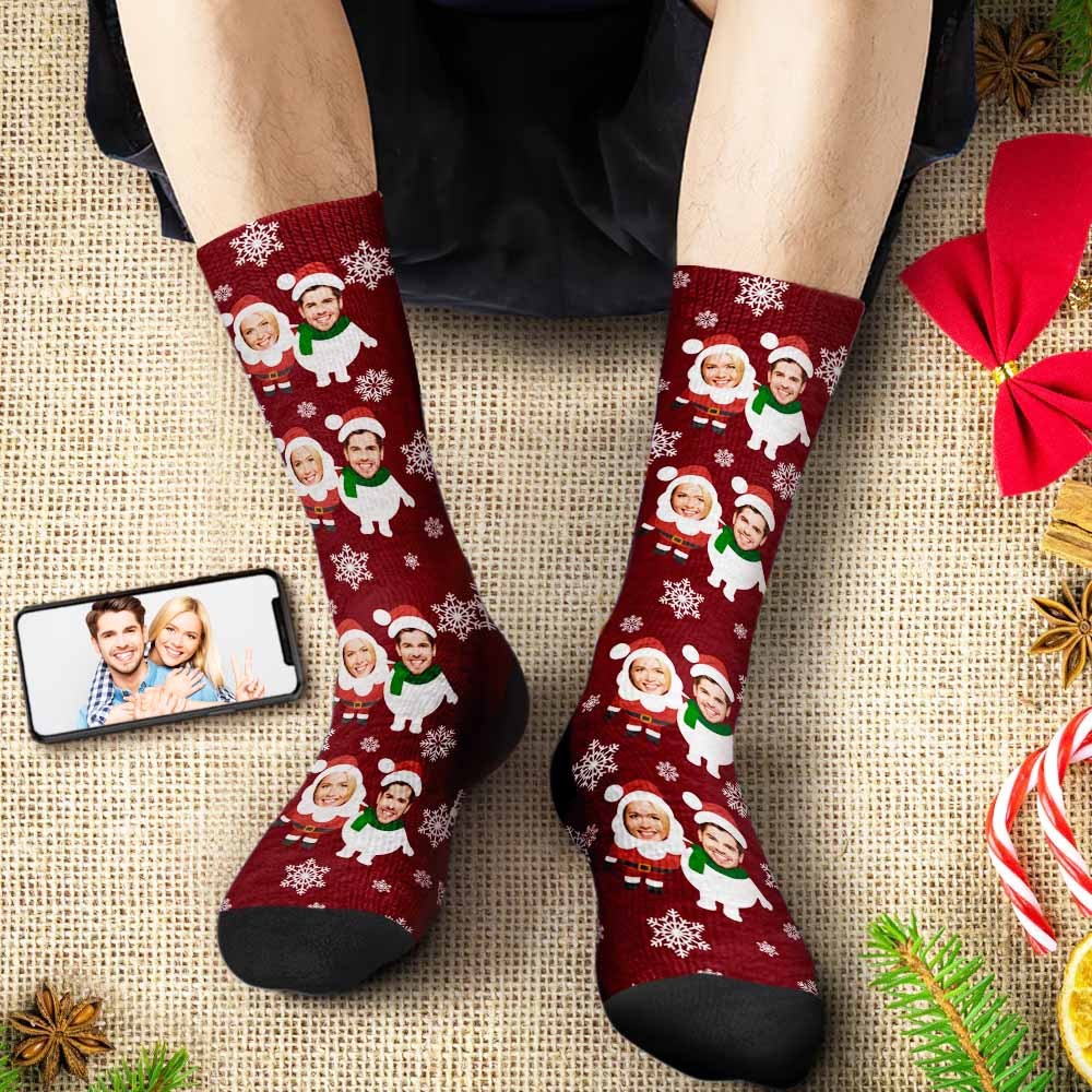 Benutzerdefinierte Gesichtssocken, Personalisierte Weihnachtsshorts Mit Foto Von Weihnachtsmann Und Schneemann - GesichtSocken