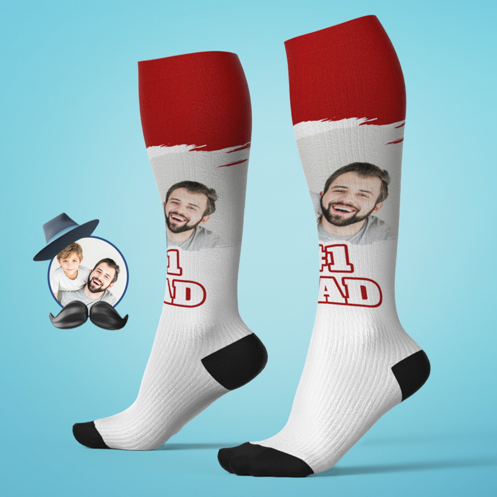 Benutzerdefinierte #1 Dad Kniestrümpfe, Personalisierte Kompression, Vatertag, Turnier, Sport, Team, Baseball, Softball, Fußball - MyFaceSocksDE