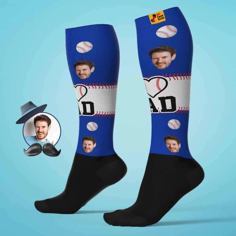 Personalisiertes Vatertags-upgrade, Atmungsaktive Kniehohe Kompressionsstrümpfe, Online-vorschau, Bild Hinzufügen, Baseball-farbverlaufssocken Spielen, Blaues Geschenk - MyFaceSocksDE
