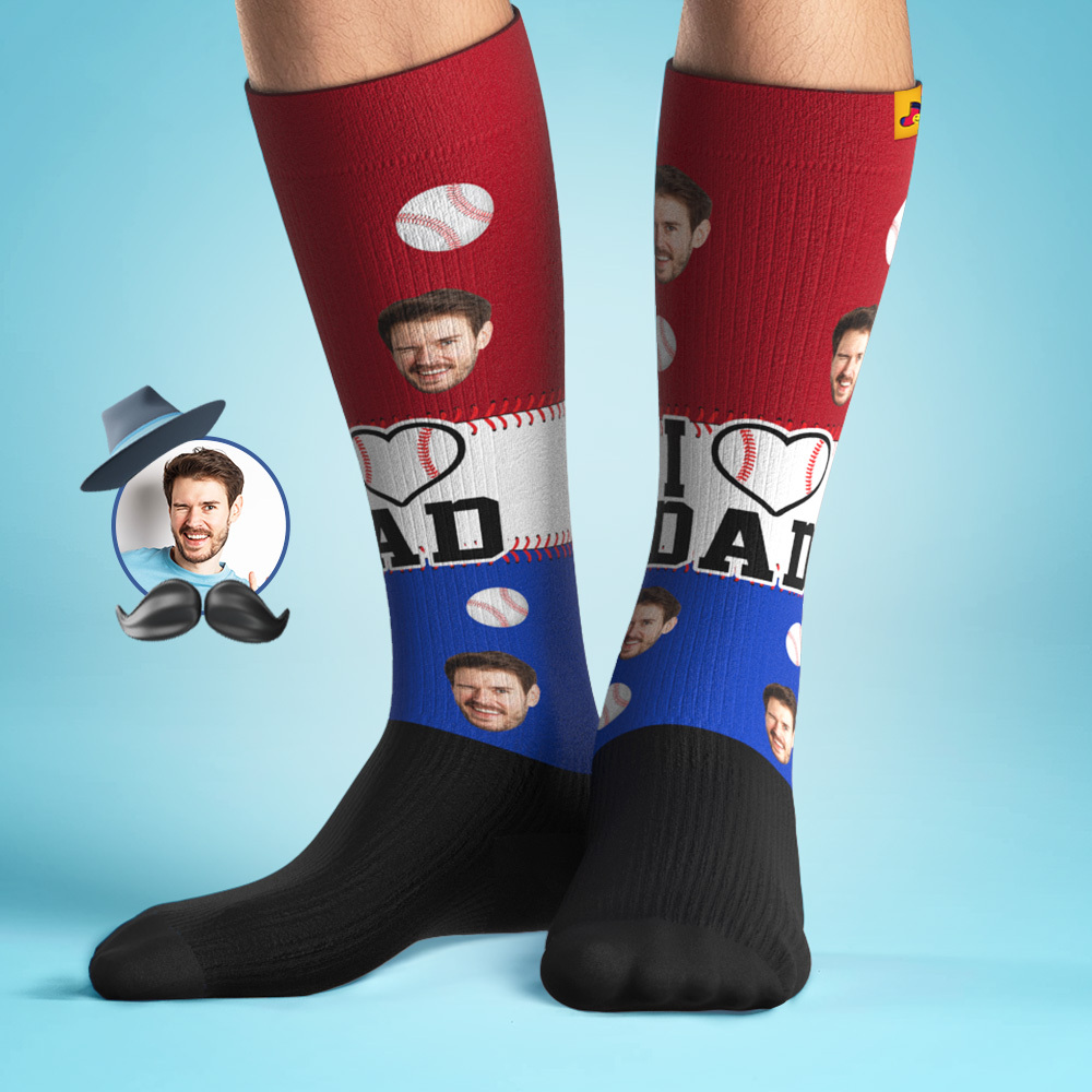 Personalisiertes Vatertags-upgrade, Atmungsaktive Kniehohe Kompressionsstrümpfe, Online-vorschau, Bild Hinzufügen, Baseball-farbverlaufssocken Spielen, Blaues Geschenk - MyFaceSocksDE