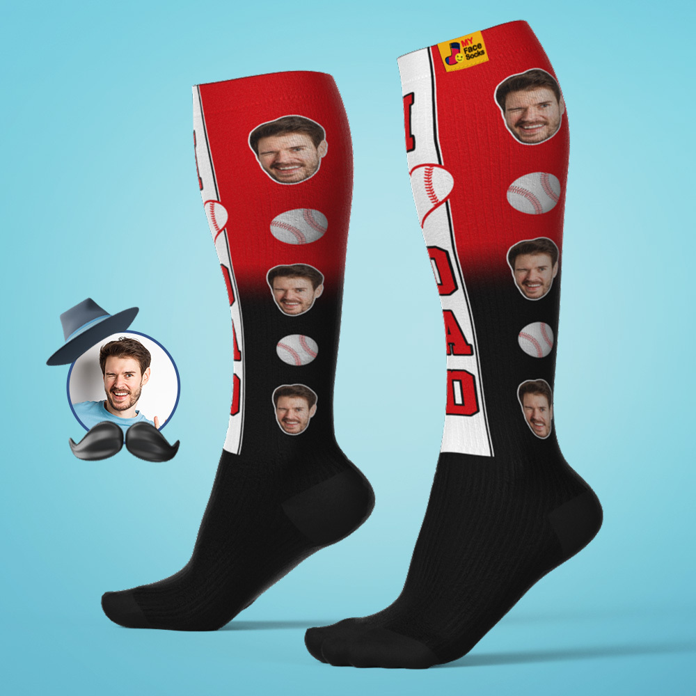Personalisiertes Vatertags-upgrade, Atmungsaktive Kniehohe Kompressionsstrümpfe, Online-vorschau, Bild Hinzufügen, Baseball-farbverlaufssocken Spielen, Blaues Geschenk - MyFaceSocksDE