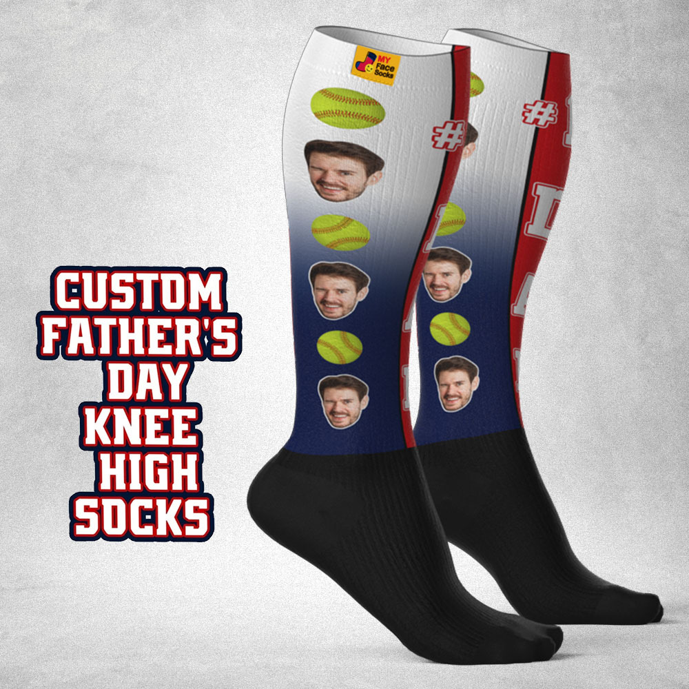 Personalisiertes Vatertags-upgrade, Atmungsaktive Kniehohe Kompressionsstrümpfe, Online-vorschau, Bild Hinzufügen, Baseball-farbverlaufssocken Spielen, Blaues Geschenk - MyFaceSocksDE