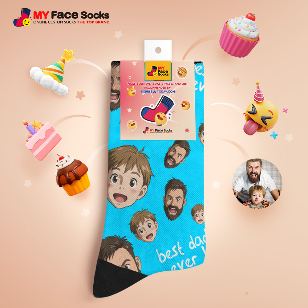 Benutzerdefinierte Cartoon Papa Fotodruck Socken Bunte Grau Blau Socken Personalisiertes Individuelles Design Bestes Vatertagsgeschenk - MyFaceSocksDE