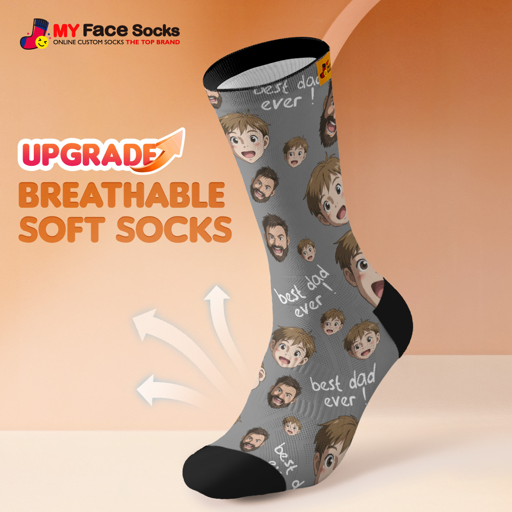 Benutzerdefinierte Cartoon Papa Fotodruck Socken Bunte Grau Blau Socken Personalisiertes Individuelles Design Bestes Vatertagsgeschenk