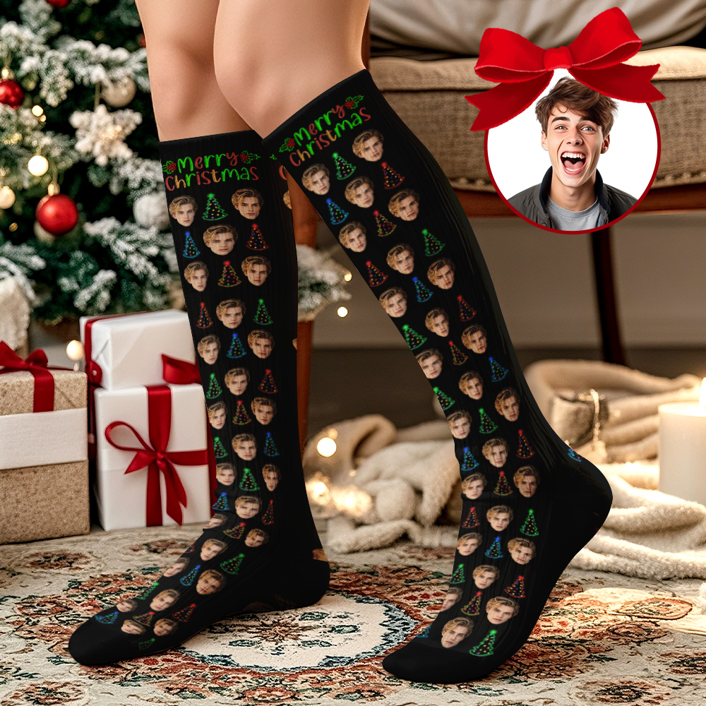Frohe Weihnachten Socken Mit Individuellem Gesicht, Festliche Kniestrümpfe Für Urlaubsoutfit Oder Geschenk
