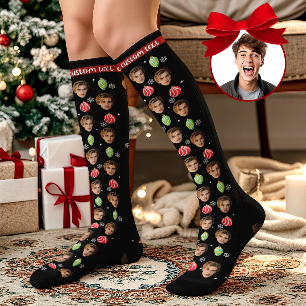 Frohe Weihnachten Socken Mit Individuellem Gesicht, Festliche Kniestrümpfe Für Urlaubsoutfit Oder Geschenk - MyFaceSocksDE