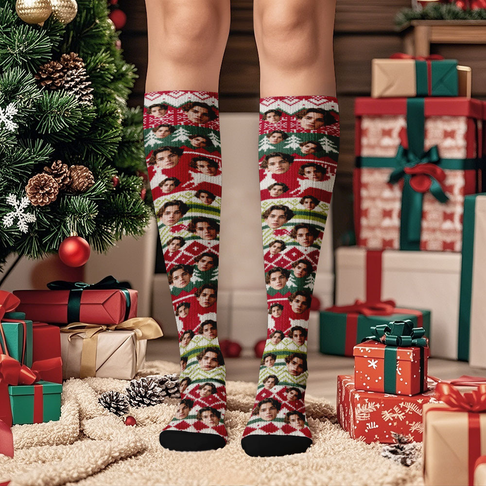 Benutzerdefinierte Gesicht Kniestrümpfe Personalisierte Vintage Warme Socken Frohe Weihnachten Für Liebhaber Weihnachtsgeschenke - MyFaceSocksDE