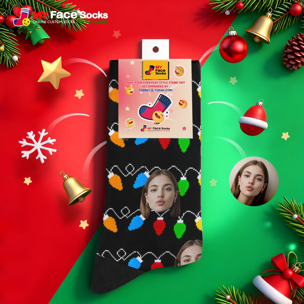 Individuell Gestaltete, Mehrfarbige Weihnachtssocken Mit Lichterkette – Das Perfekte Weihnachtsgeschenk Für Die Ganze Familie - MyFaceSocksDE