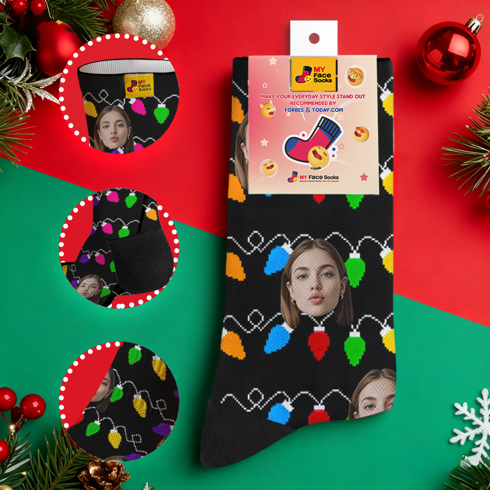 Individuell Gestaltete, Mehrfarbige Weihnachtssocken Mit Lichterkette – Das Perfekte Weihnachtsgeschenk Für Die Ganze Familie - MyFaceSocksDE