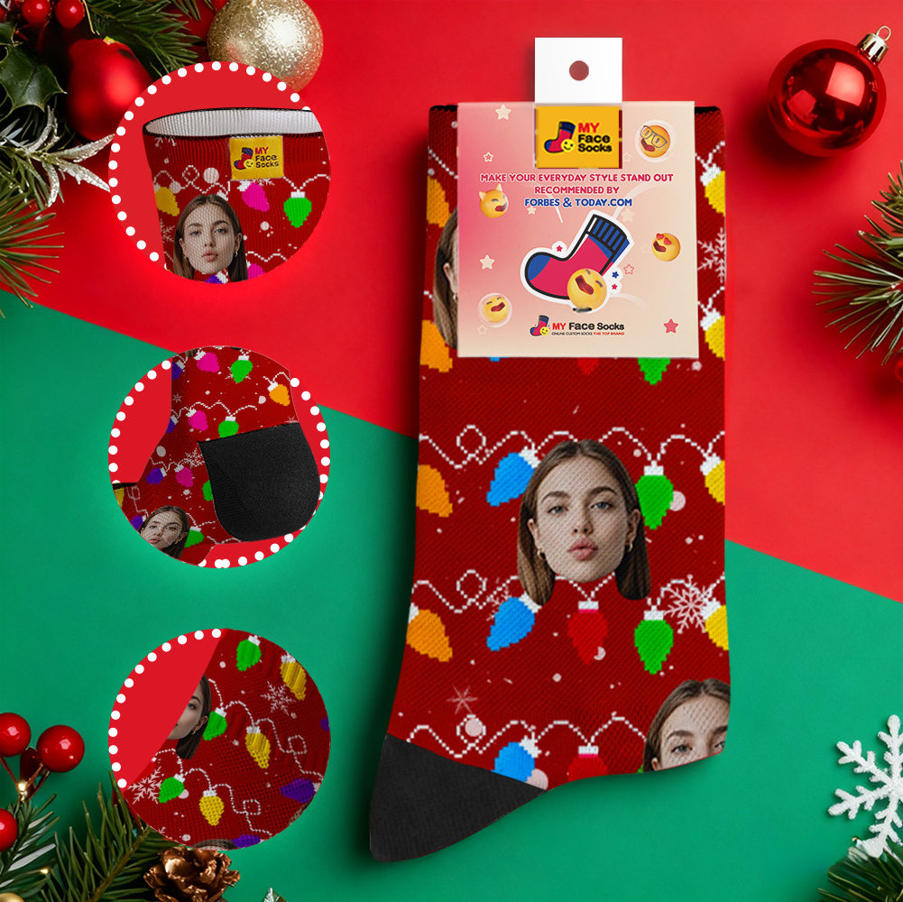 Individuell Gestaltete, Mehrfarbige Weihnachtssocken Mit Lichterkette – Das Perfekte Weihnachtsgeschenk Für Die Ganze Familie - MyFaceSocksDE