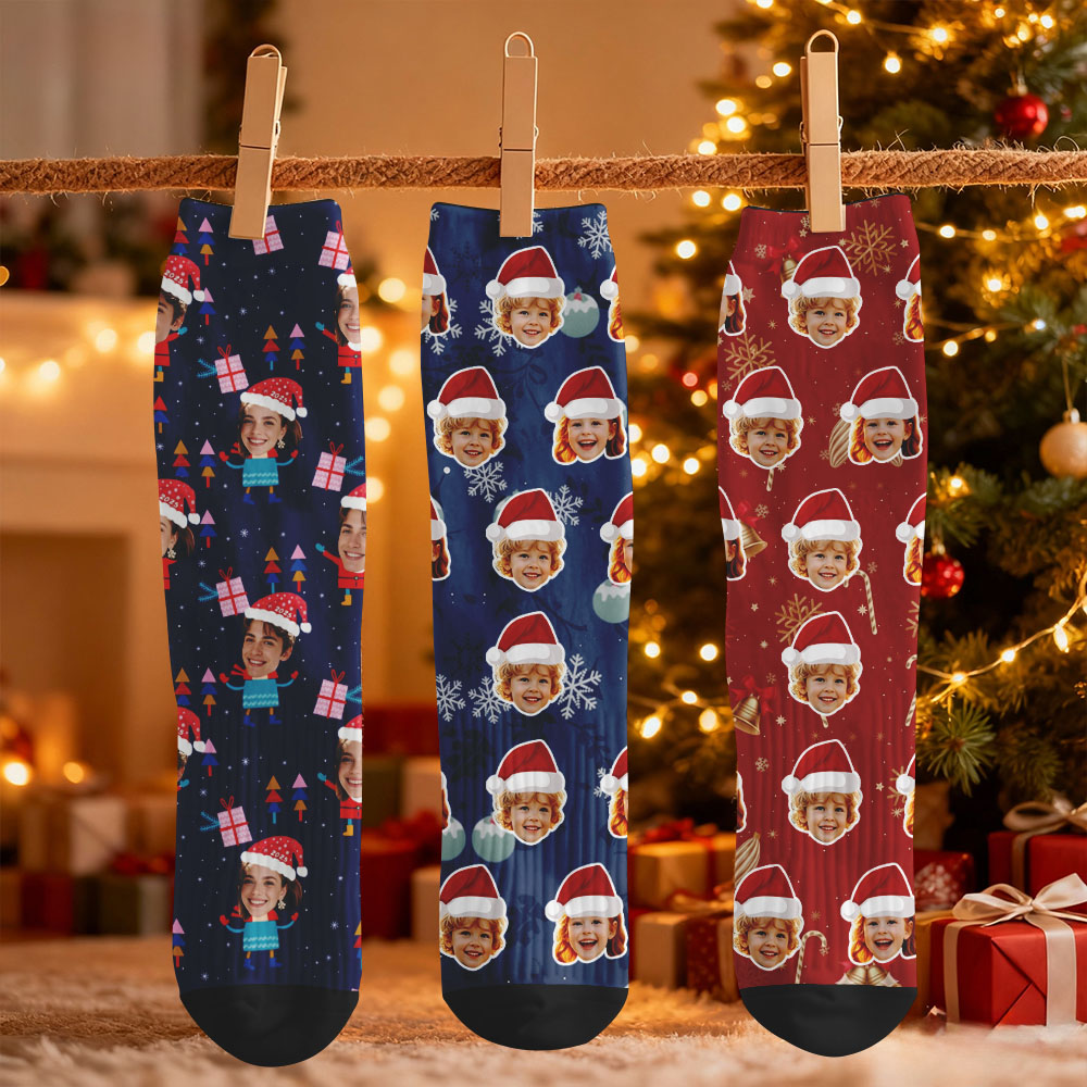 Personalisierte Weihnachtssocken Mit Individuellem Gesicht, Süße Grüne Socken Mit Familienfoto Vom Weihnachtsmann, Personalisierte Weihnachtssocken Mit Foto Als Geschenk