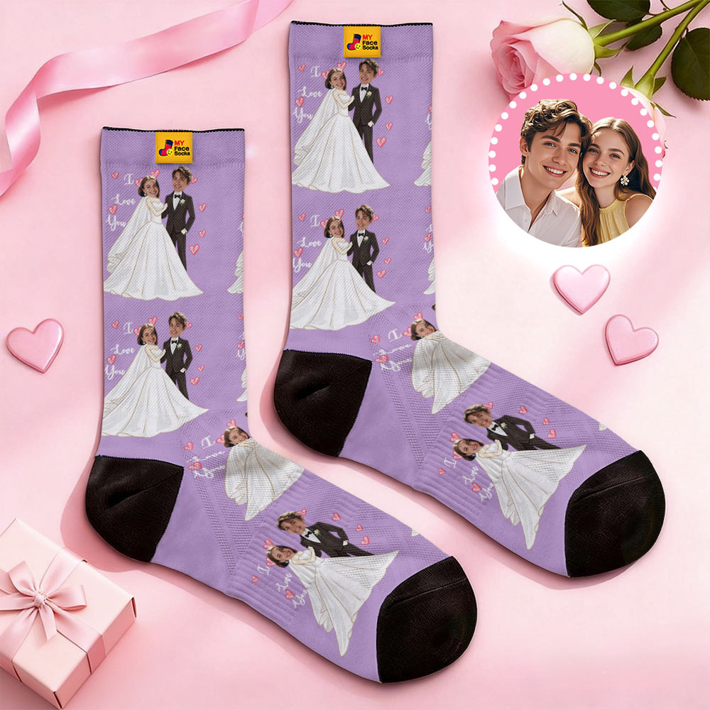Personalisierte Socken Mit Schwarzem Gesicht Im Hochzeitsmotiv, Namenszügen Des Paares Und Foto – Ein Süßes Geschenk Für Paare Zum Valentinstag - MyFaceSocksDE