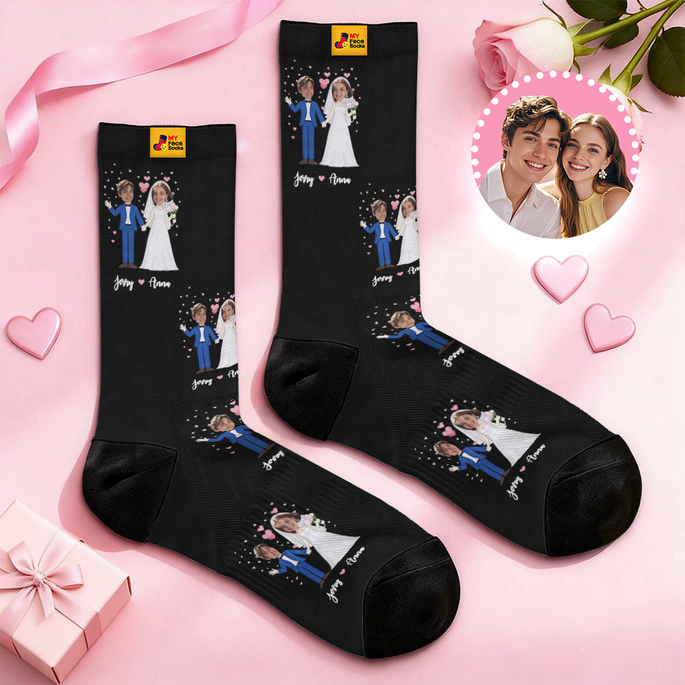 Personalisierte Socken Mit Schwarzem Gesicht Im Hochzeitsmotiv, Namenszügen Des Paares Und Foto – Ein Süßes Geschenk Für Paare Zum Valentinstag - MyFaceSocksDE