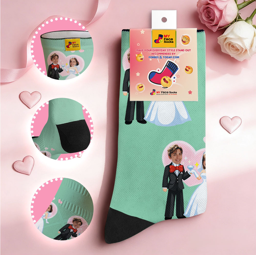 Personalisierte Socken Mit Schwarzem Gesicht Im Hochzeitsmotiv, Namenszügen Des Paares Und Foto – Ein Süßes Geschenk Für Paare Zum Valentinstag - MyFaceSocksDE