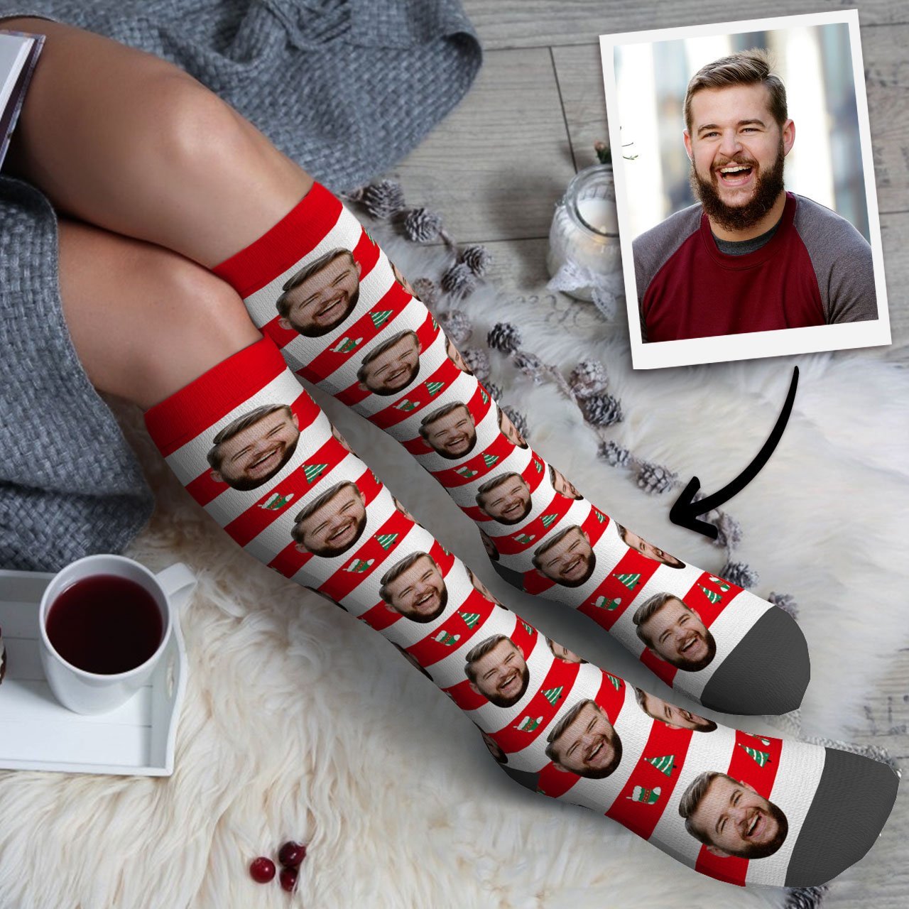 Benutzerdefinierte Foto Kniestrümpfe Streifen Weihnachten - GesichtSocken