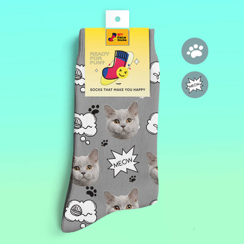 Benutzerdefinierte 3d-vorschau Socken My Face Socken Fügen Sie Bilder Und Namen Hinzu - Meow - GesichtSocken