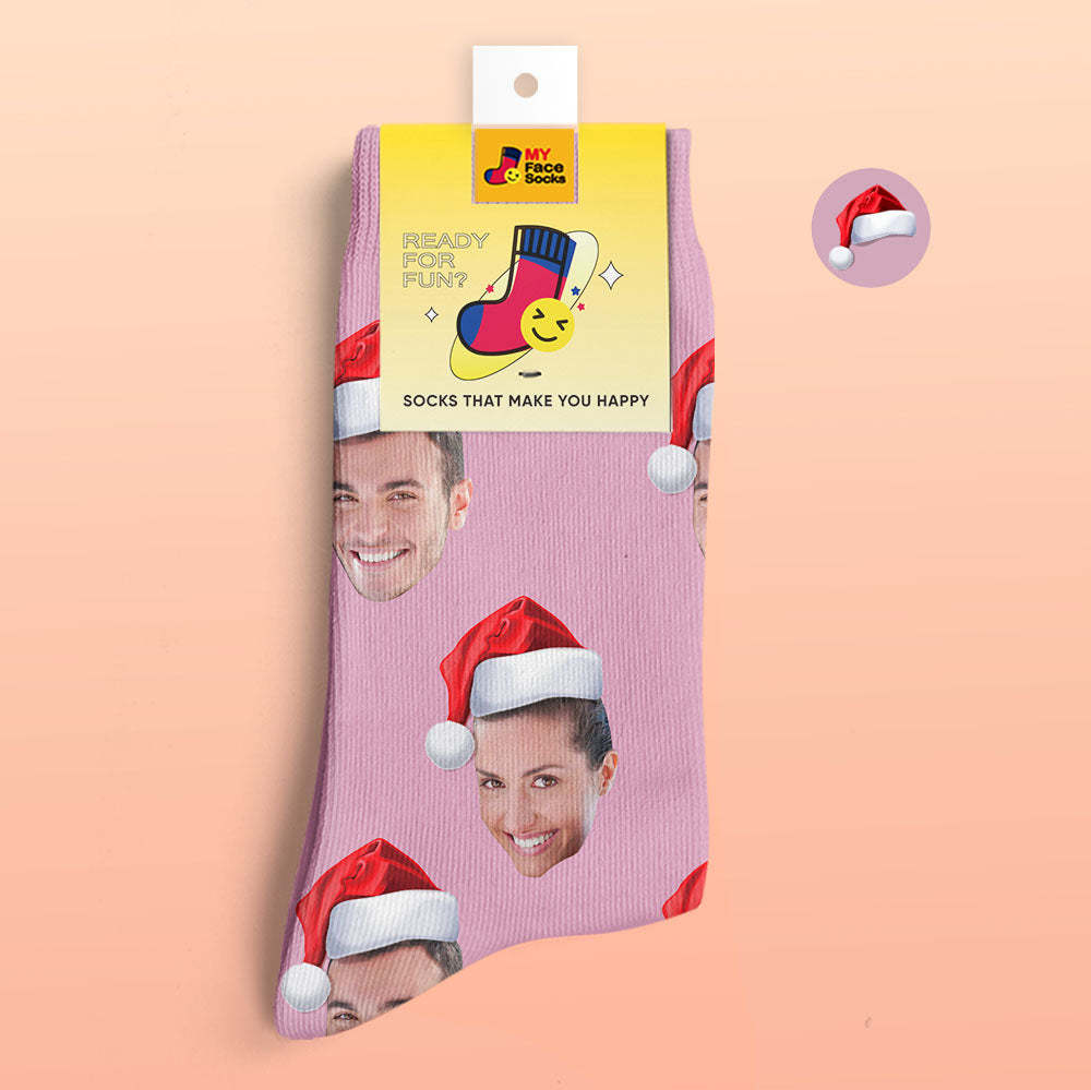 Benutzerdefinierte 3d Digital Gedruckte Socken Tragen Weihnachtsmütze Weihnachtsgeschenk - GesichtSocken