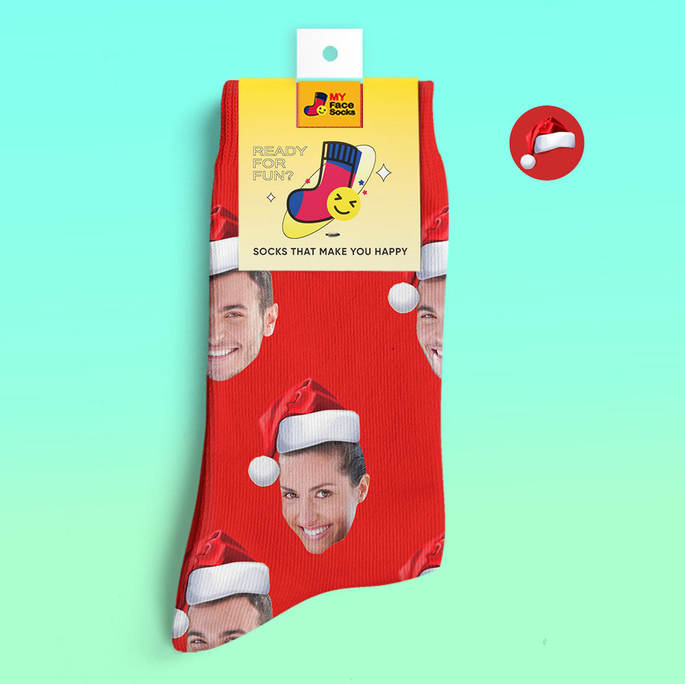 Benutzerdefinierte 3d Digital Gedruckte Socken Tragen Weihnachtsmütze Weihnachtsgeschenk - GesichtSocken