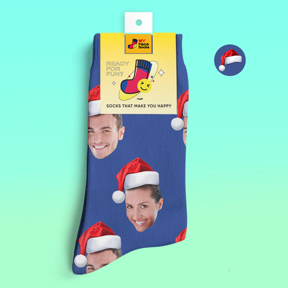 Benutzerdefinierte 3d Digital Gedruckte Socken Tragen Weihnachtsmütze Weihnachtsgeschenk - GesichtSocken