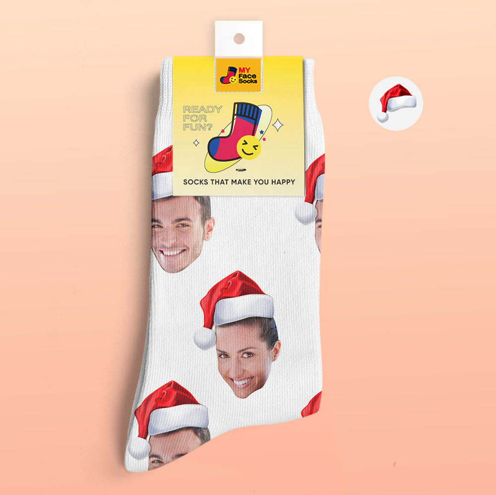 Benutzerdefinierte 3d Digital Gedruckte Socken Tragen Weihnachtsmütze Weihnachtsgeschenk - GesichtSocken