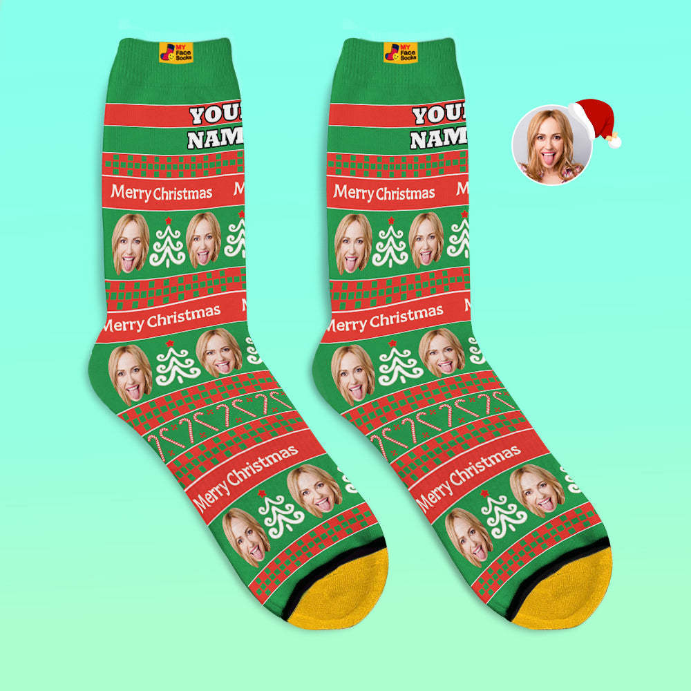 Benutzerdefinierte 3d Digital Gedruckte Socken Fügen Sie Bilder Hinzu Und Benennen Sie Grüne Weihnachtssocken Weihnachtsgeschenk - GesichtSocken