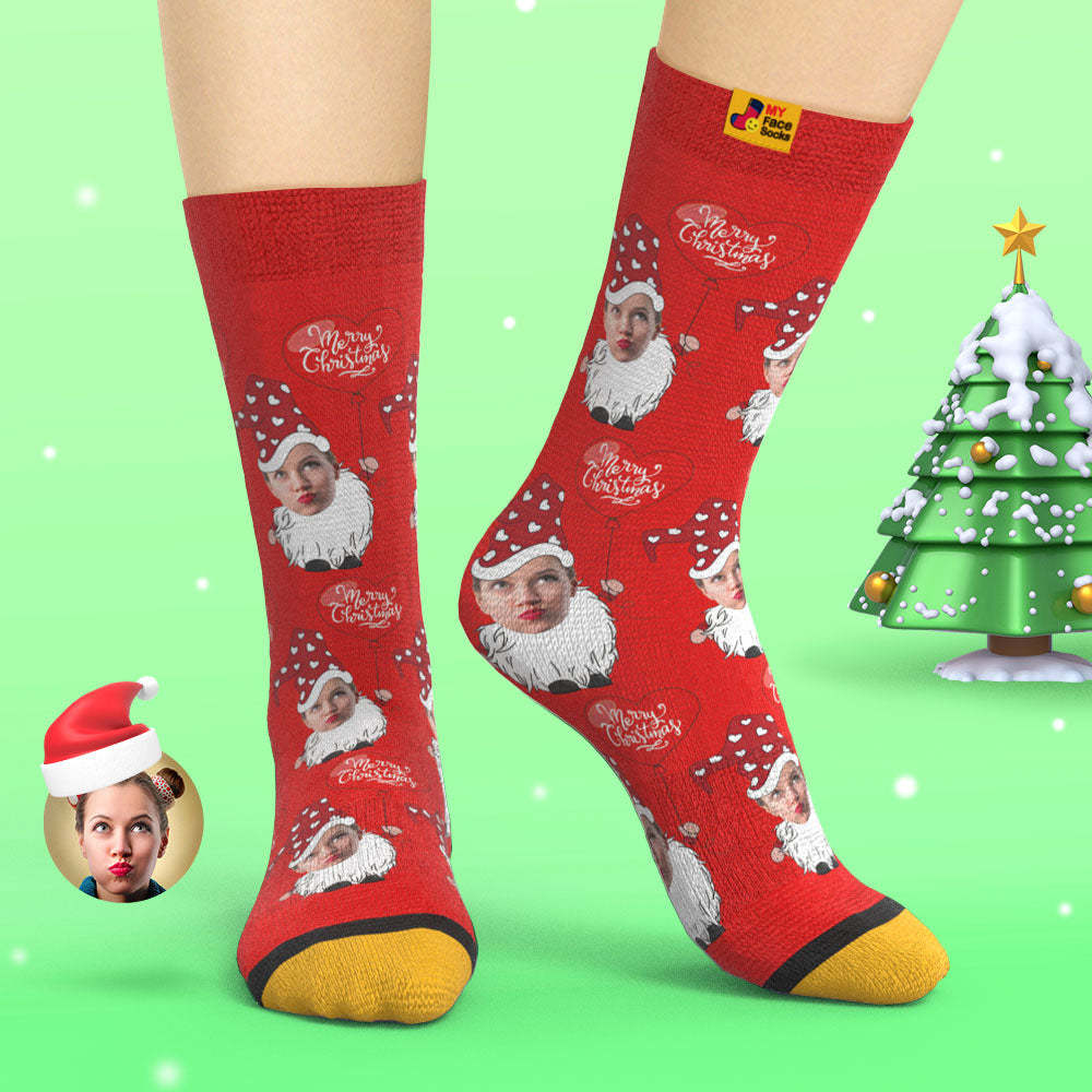 Benutzerdefinierte 3d Digital Gedruckte Socken Weihnachtszwerg Mit Herzförmigen Ballon Weihnachtssocken - GesichtSocken