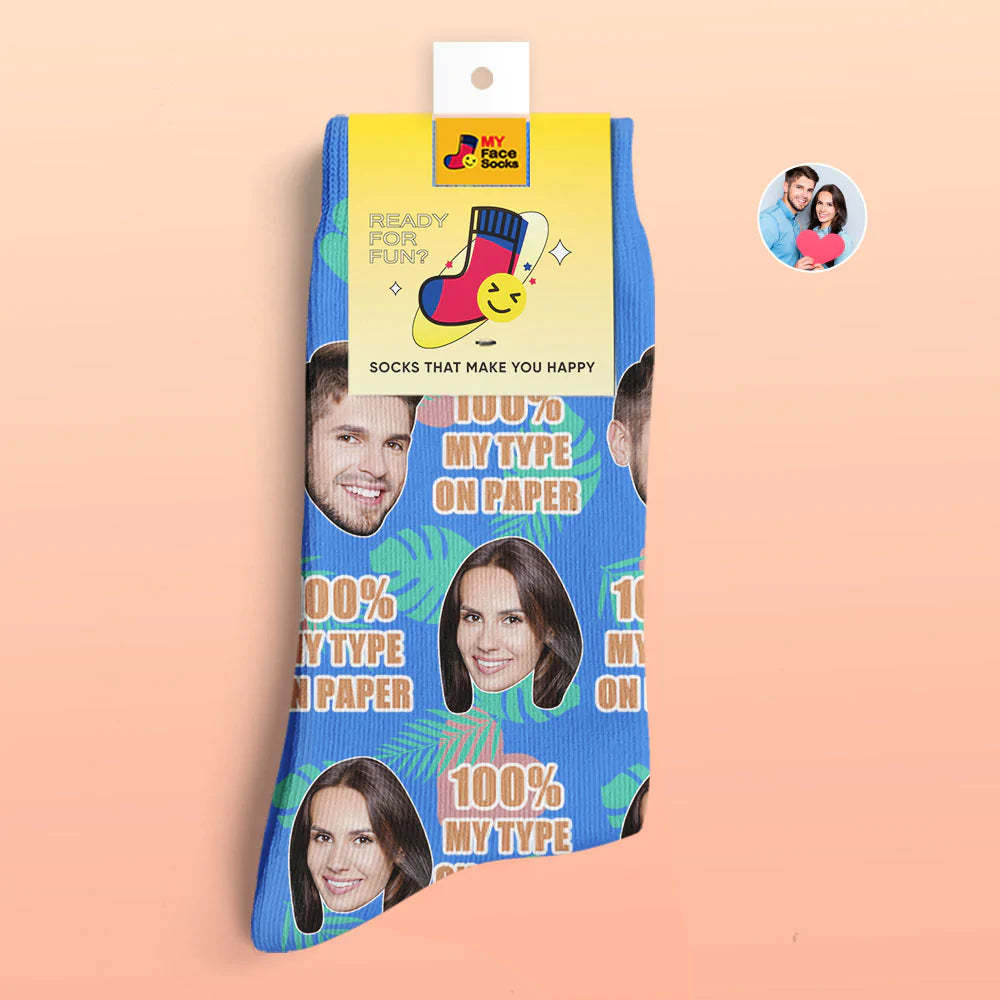 Benutzerdefinierte 3d Digital Gedruckte Socken Valentinstagsgeschenk 100 % Mein Typ Auf Papier Gesichtssocken - GesichtSocken