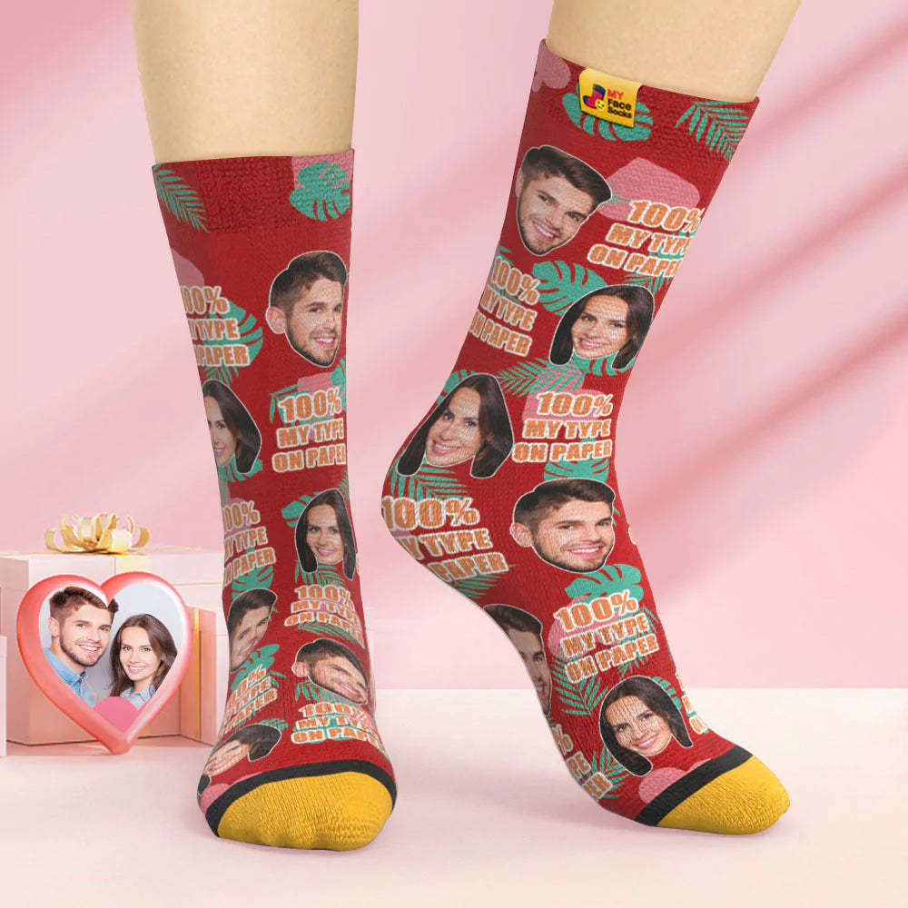 Benutzerdefinierte 3d Digital Gedruckte Socken Valentinstagsgeschenk 100 % Mein Typ Auf Papier Gesichtssocken - GesichtSocken