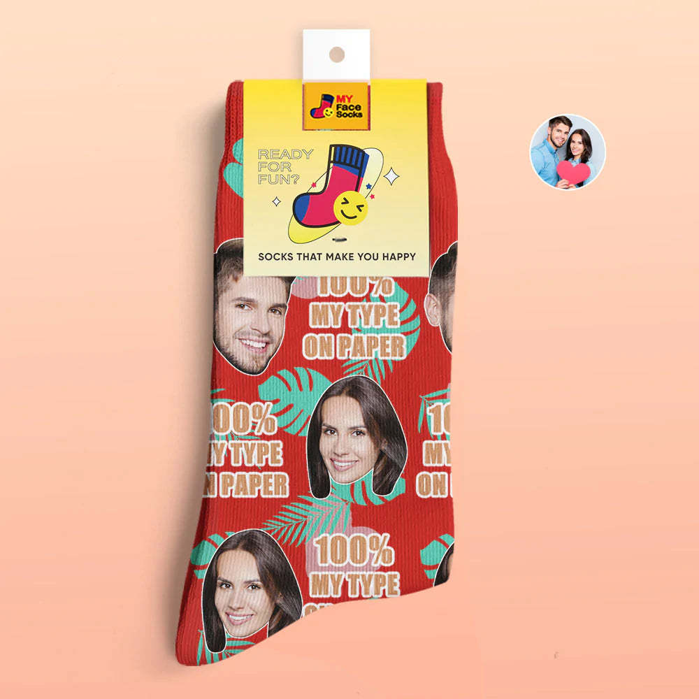 Benutzerdefinierte 3d Digital Gedruckte Socken Valentinstagsgeschenk 100 % Mein Typ Auf Papier Gesichtssocken - GesichtSocken