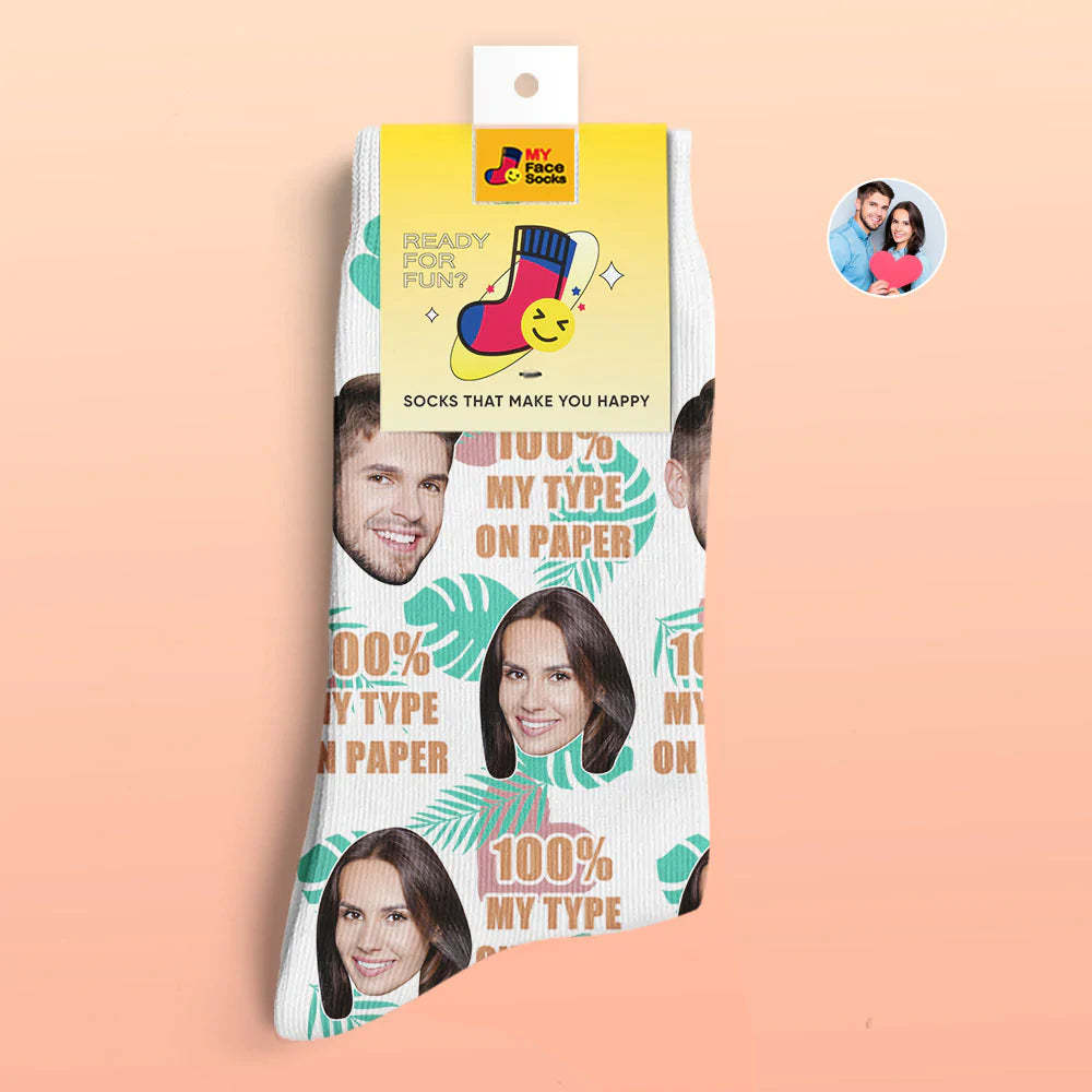Benutzerdefinierte 3d Digital Gedruckte Socken Valentinstagsgeschenk 100 % Mein Typ Auf Papier Gesichtssocken - GesichtSocken