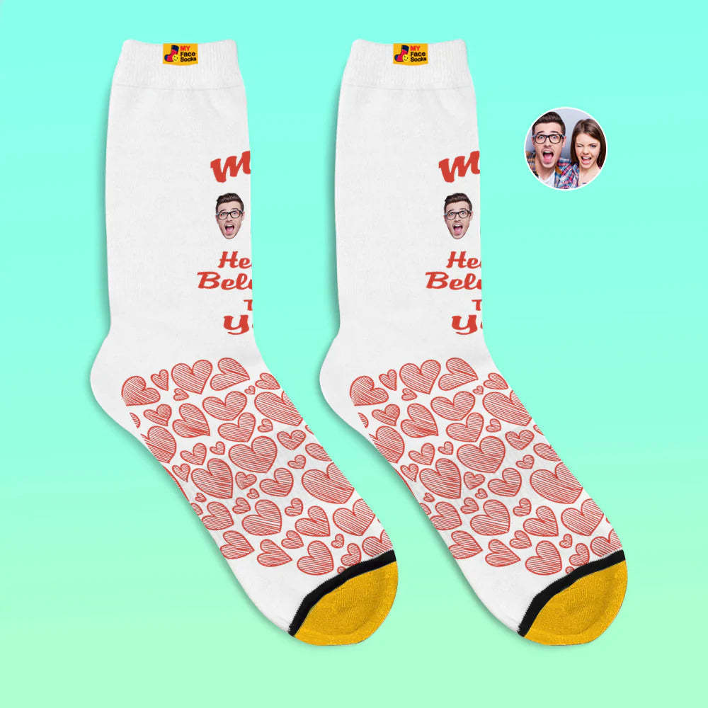 Benutzerdefinierte 3d Digital Gedruckte Socken Valentinstagsgeschenk My Heart Belongs To You Face Socken Für Liebhaber - GesichtSocken