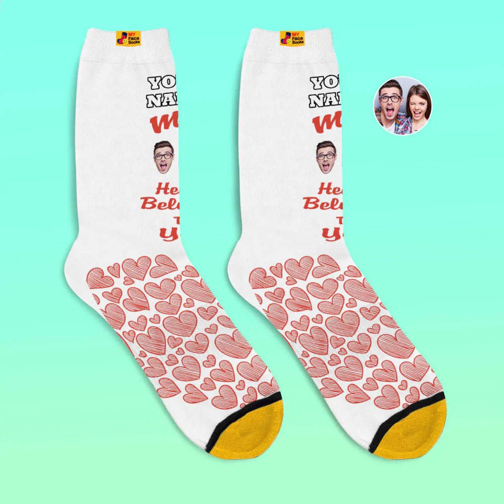Benutzerdefinierte 3d Digital Gedruckte Socken Valentinstagsgeschenk My Heart Belongs To You Face Socken Für Liebhaber - GesichtSocken