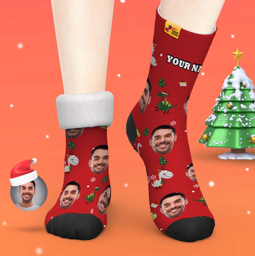 Weihnachtsgeschenke, Benutzerdefinierte Dicke Socken Foto 3d Digital Gedruckte Socken Herbst Winter Warme Socken Weihnachtsmütze Dinosaurier - GesichtSocken