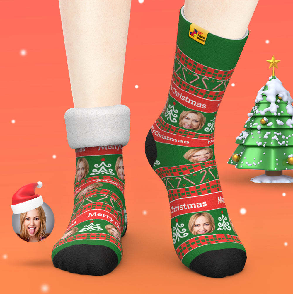 Benutzerdefinierte Dicke Socken Foto 3d Digital Gedruckte Socken Herbst Winter Warme Socken Grüne Weihnachtssocken Weihnachtsgeschenk - GesichtSocken