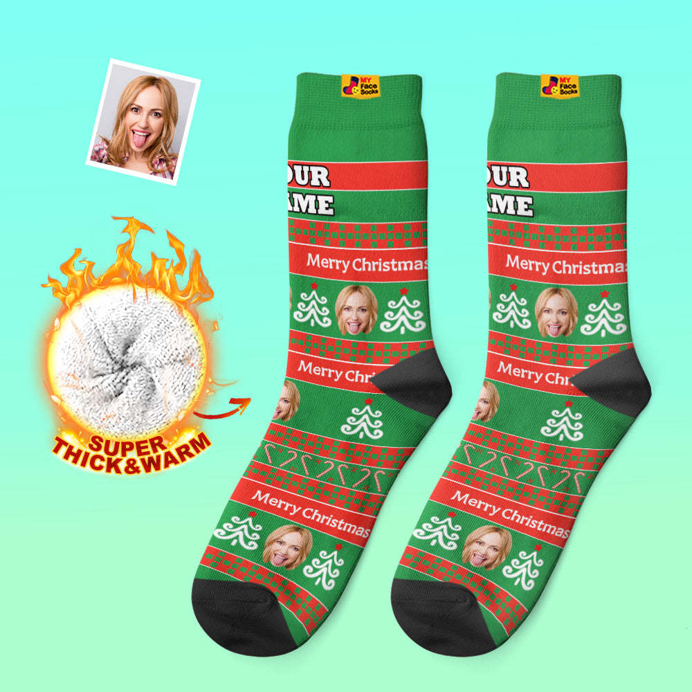 Benutzerdefinierte Dicke Socken Foto 3d Digital Gedruckte Socken Herbst Winter Warme Socken Grüne Weihnachtssocken Weihnachtsgeschenk - GesichtSocken