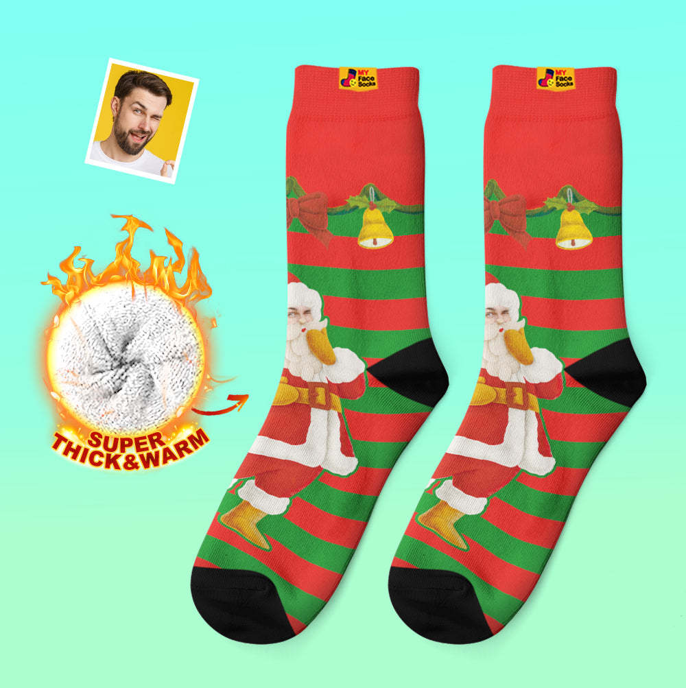Benutzerdefinierte Dicke Socken Foto Herbst Winter Warme Socken Weihnachtsmann Weihnachtsglocken Socken - GesichtSocken