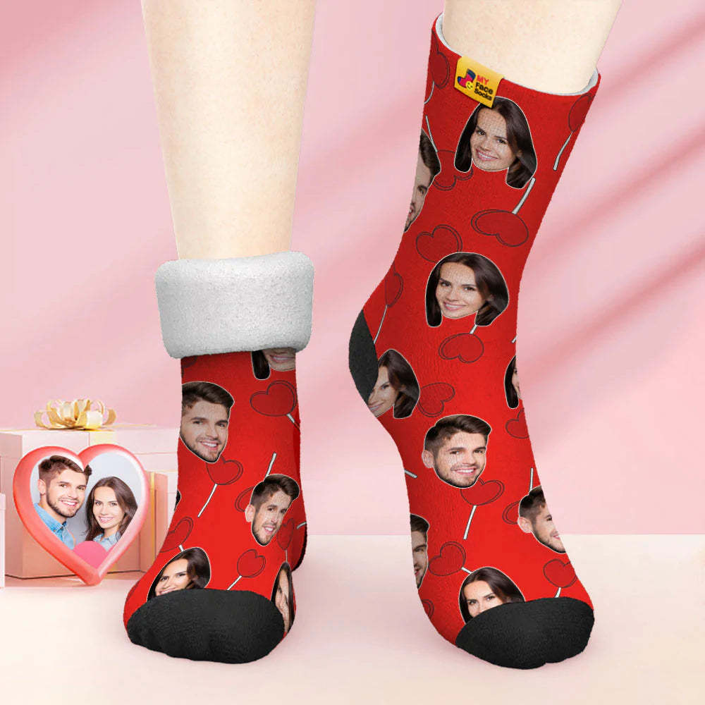 Benutzerdefinierte Dicke Foto Socken Valentinstag Geschenk Warme Socken Herz Lutscher Gesicht Socken - GesichtSocken