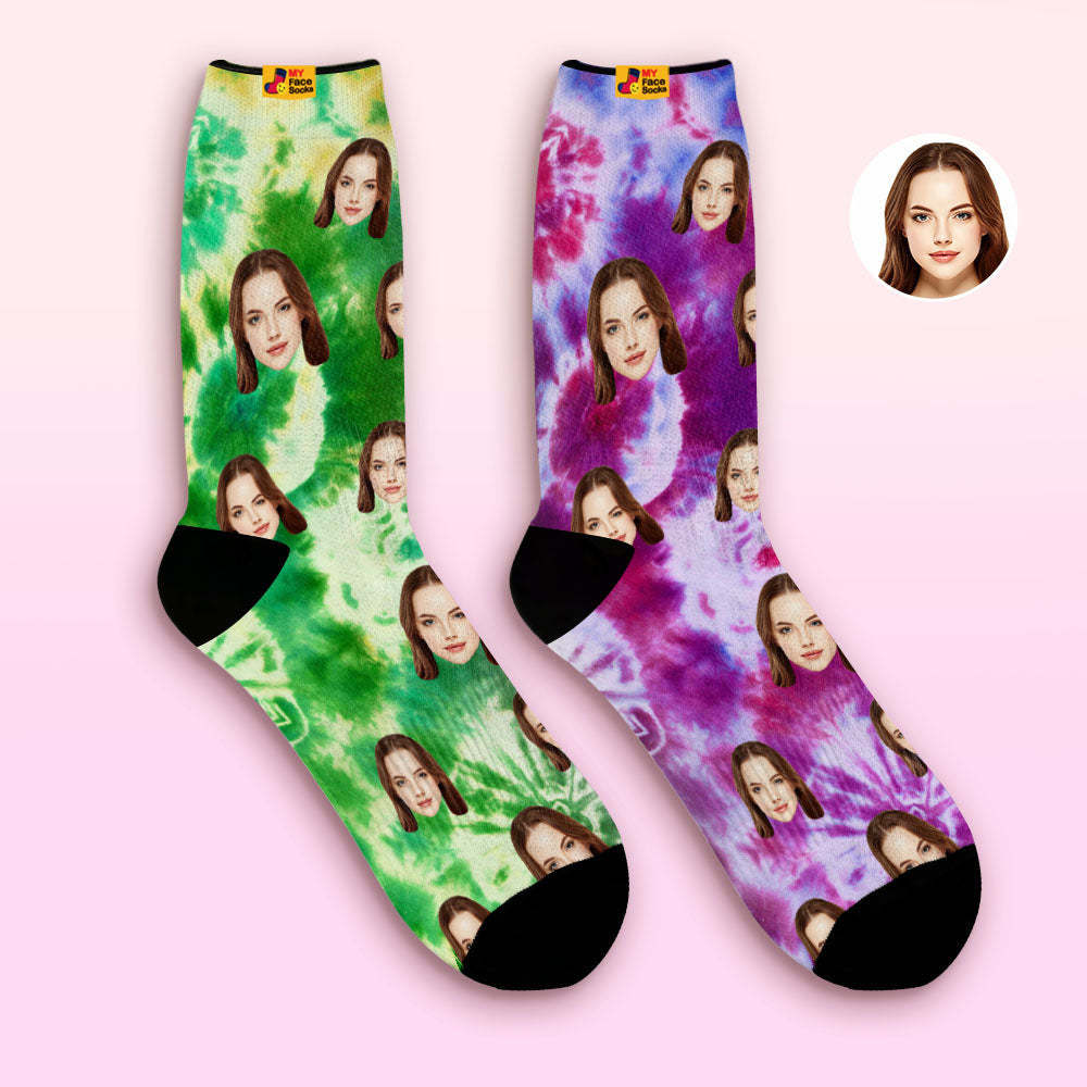 Benutzerdefinierte Nicht Übereinstimmende Paar Socken Tie-dye Stil Atmungsaktive Gesichtssocken Personalisierte Weiche Socken Geschenke - GesichtSocken