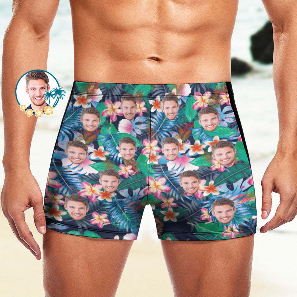 Maßgeschneiderte Herren-Badeboxershorts, Badehose mit hawaiianischem Gesicht, personalisierte Badehose - Farbenfrohe Blumen