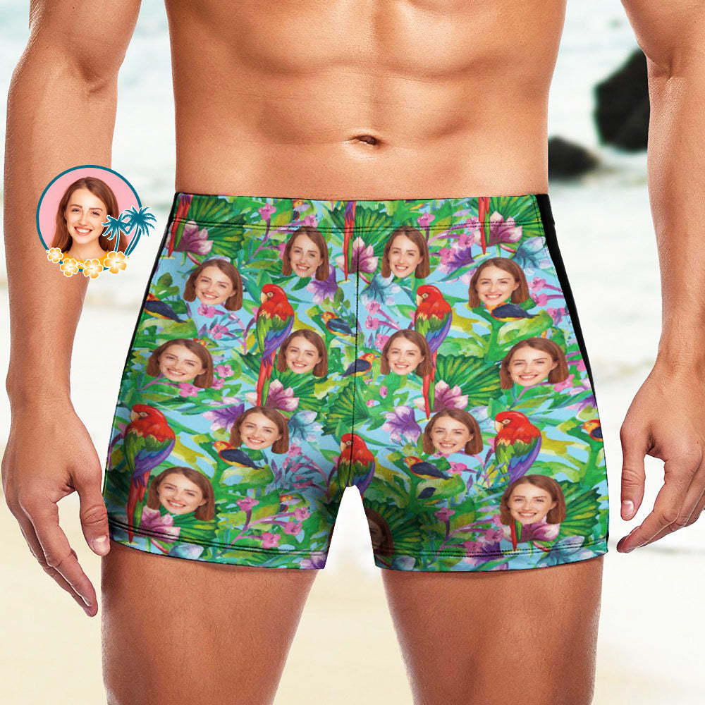 Maßgeschneiderte Herren-Badeboxershorts, Badehose mit hawaiianischem Gesicht, personalisierte Badehose - Papagei