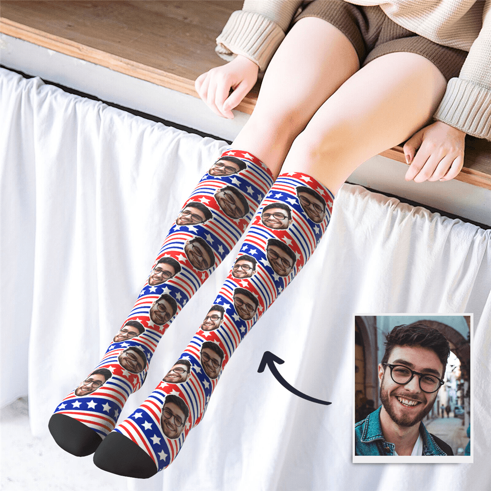 Benutzerdefinierte Foto Kniehohe Socken Mit Us-flagge - GesichtSocken
