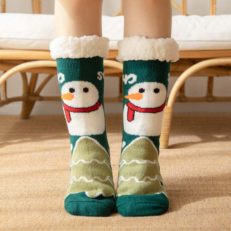 Weihnachtssocken, Plüsch-korallen-fleece, Winter-haus-bodensocken, Slipper-socken – Schneemann - GesichtSocken